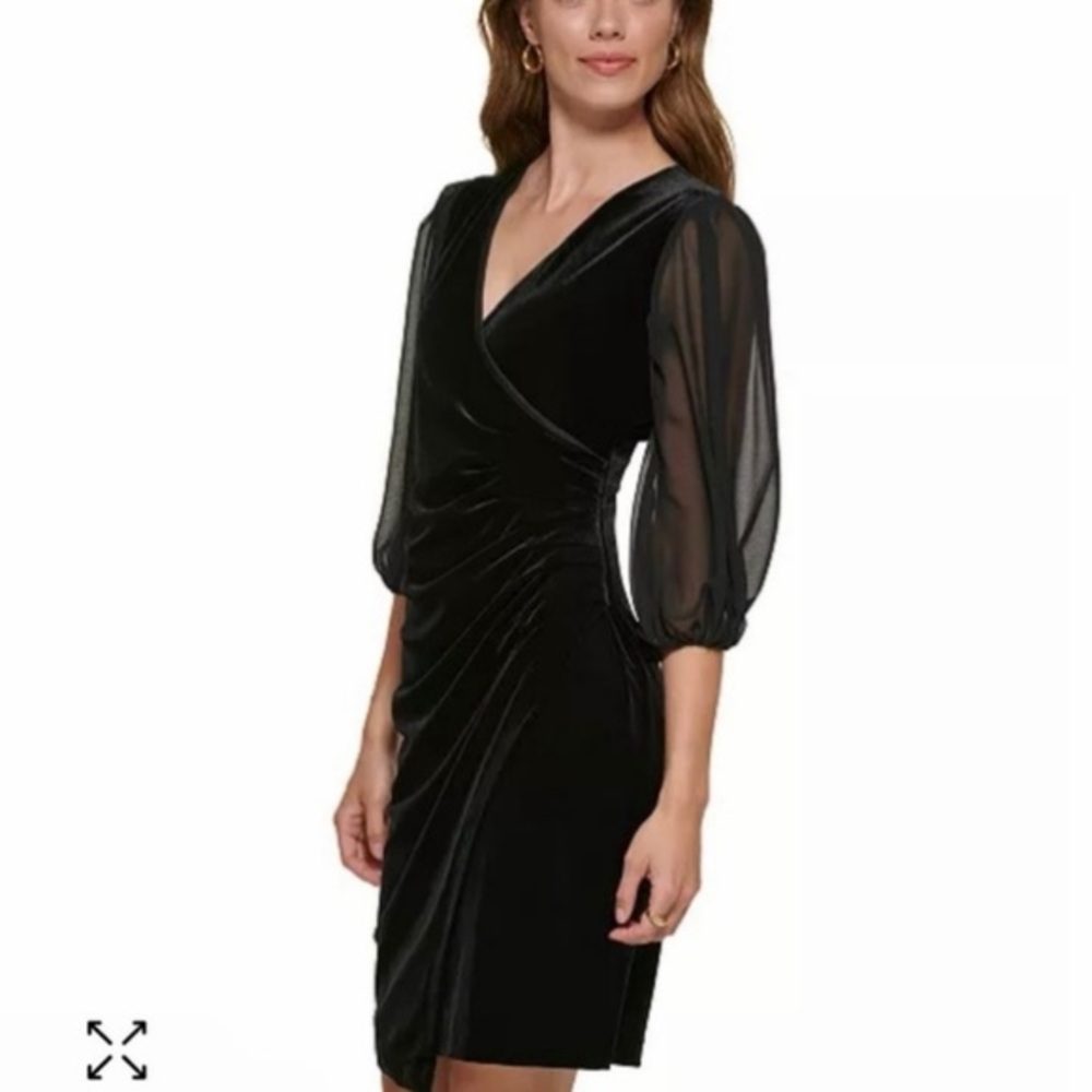DKNY Faux Velvet Wrap Dress with Chiffon Sleeves